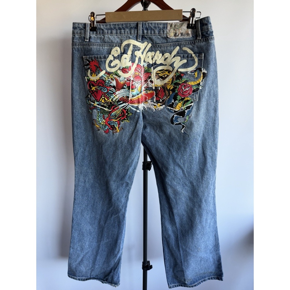 ED HARDY Multi Tattoo Low Waist Baggy Jeans Women's Size 32x30 Painted Logo Koi